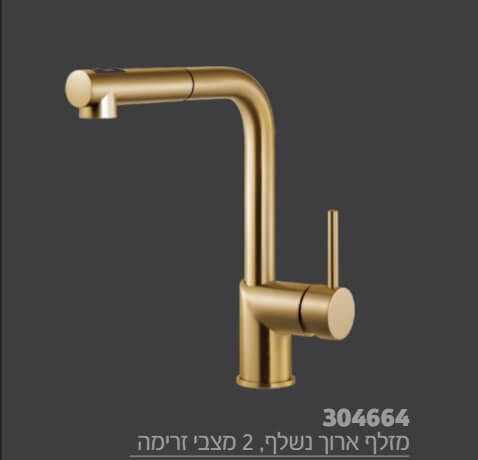 ברז מטבח חמת פיה ארוכה 304664 זהב מוברש נשלף