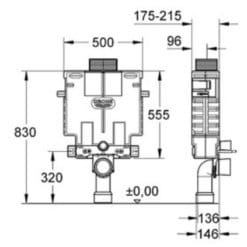 מיכל הדחה סמוי נמוך לקיר בלוקים גרואה שרטוט GROHE ניגרה סמויה גרואה בלוקים