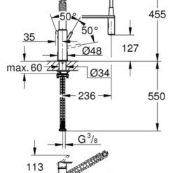 ברז מטבח נשלף גרואה דגם GET דמוי תעשייתי 30361000 תוצרת גרמניה שרטוט