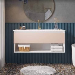 ארון אמבטיה נובו תא פתוח גוון ורוד פודרה עם כיור אינטרגרלי