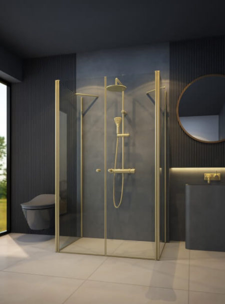 מקלחון זהב בצורת ח' - 2 קירות צד - חזית שתי דלתות INOUT